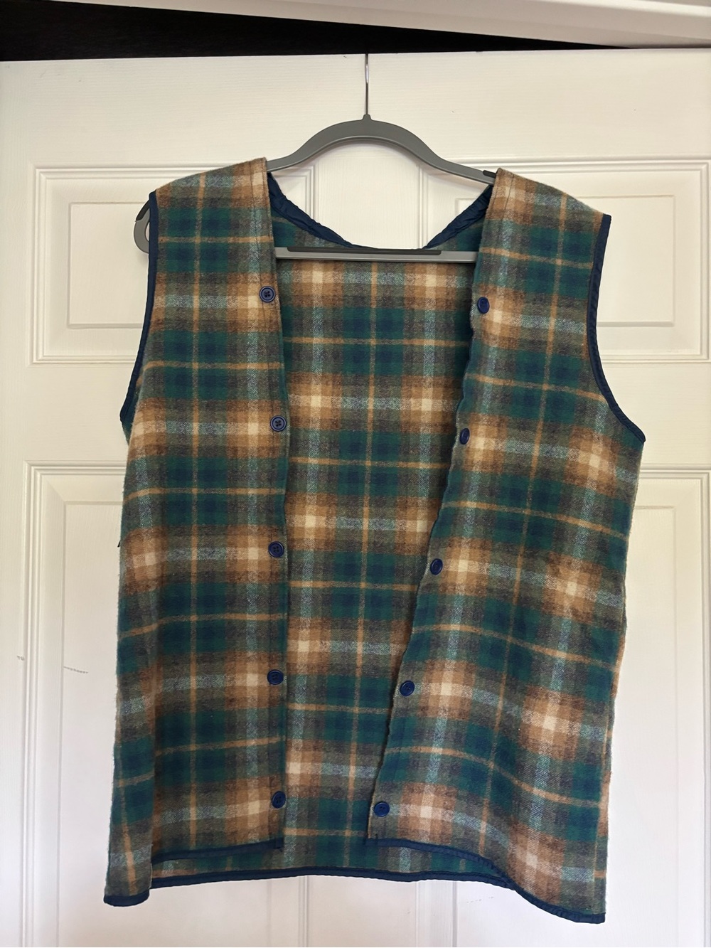 Plaid Button Front Vest in Teal and Tan